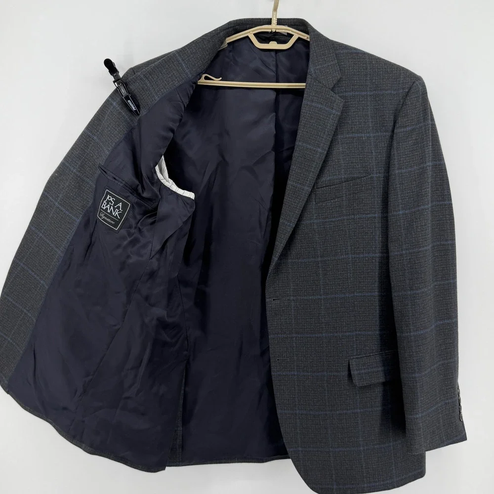 Jos. A. Bank Signature Charcoal Blue Windowpane Plaid 100% Wool Blazer 44 Long